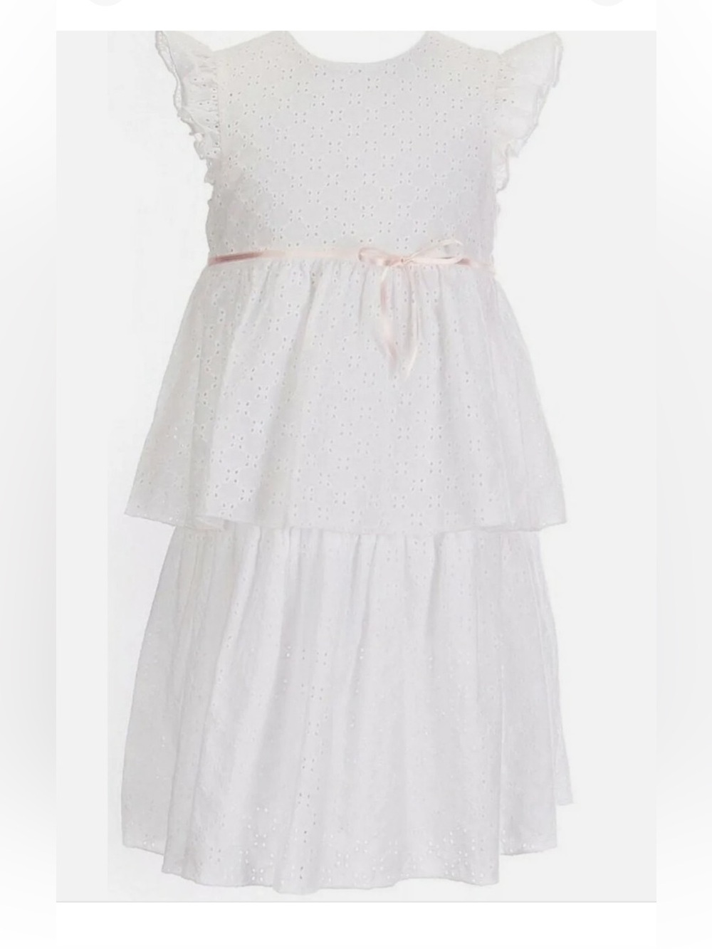 Edgehill Collection White Eyelet Tiered Dress with Pink Bow